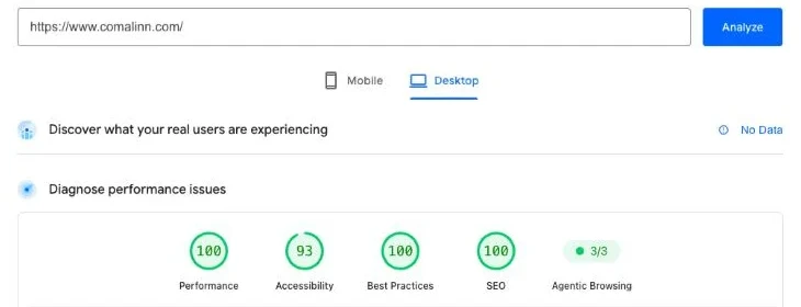 Google PageSpeed Insights report for comalinn.com showing desktop scores of 100 for performance, best practices and SEO