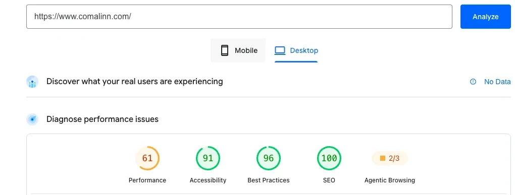 Google PageSpeed Insights report for comalinn.com showing a desktop performance score of 61