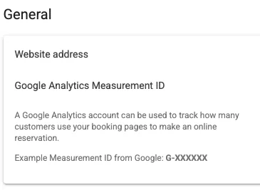 eviivo's General settings, with fields for Website address and Google Analytics Measurement ID
