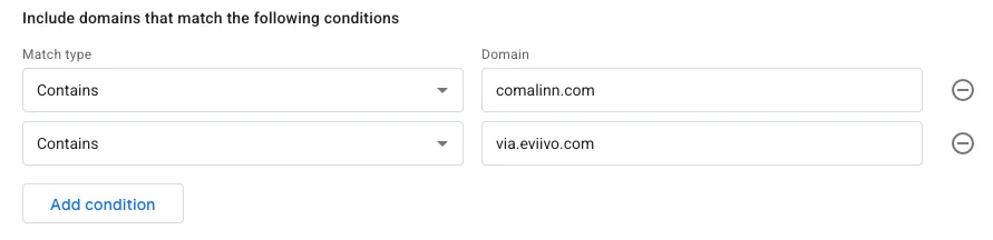 Google Analytics cross-domain settings listing two domains, comalinn.com and via.eviivo.com, both with the match type Contains