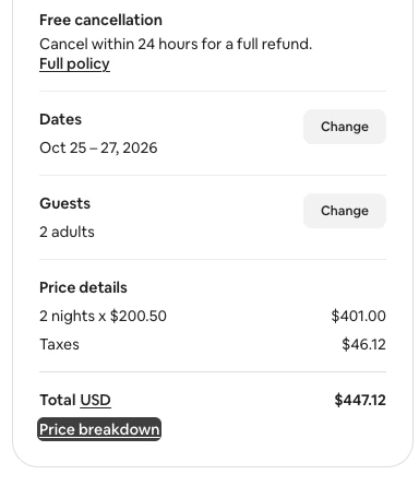 Airbnb checkout for the cabin: 2 nights at $200.50, taxes $46.12, total $447.12