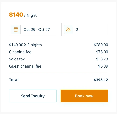 The host's own booking website for the same cabin: 2 nights at $140, cleaning fee $75, sales tax $33.73, guest channel fee $6.39, total $395.12
