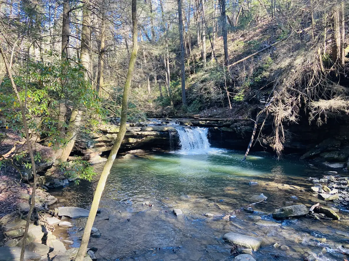 A small waterfall pouring over a rock ledge into a clear green pool, surrounded by hemlocks and bare November trees, on the Fiery Gizzard Trail near Tracy City, Tennessee