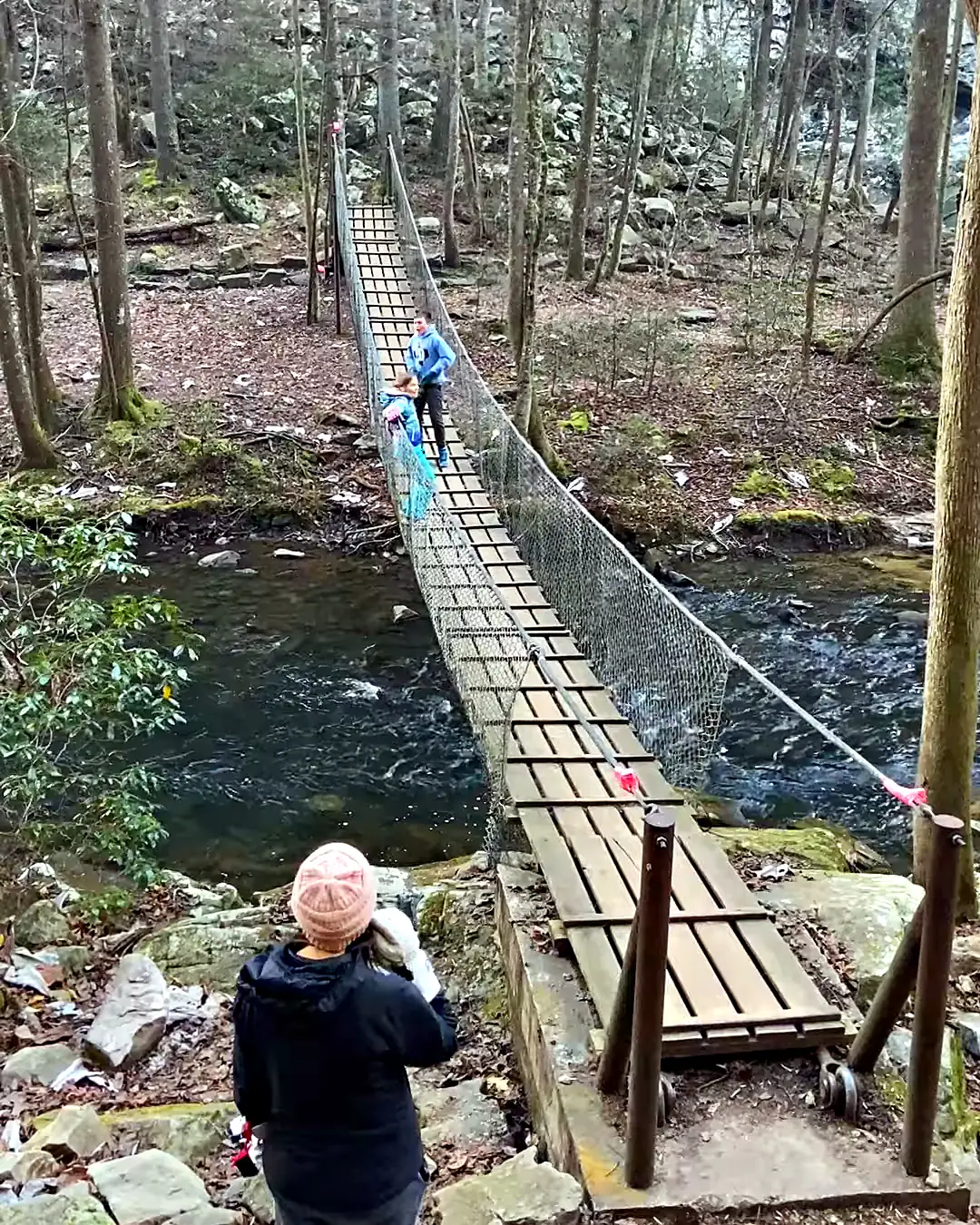 Our kids crossing the suspension bridge over the creek on the trail down to Foster Falls, with the bridge's wood planks and wire mesh sides in the foreground