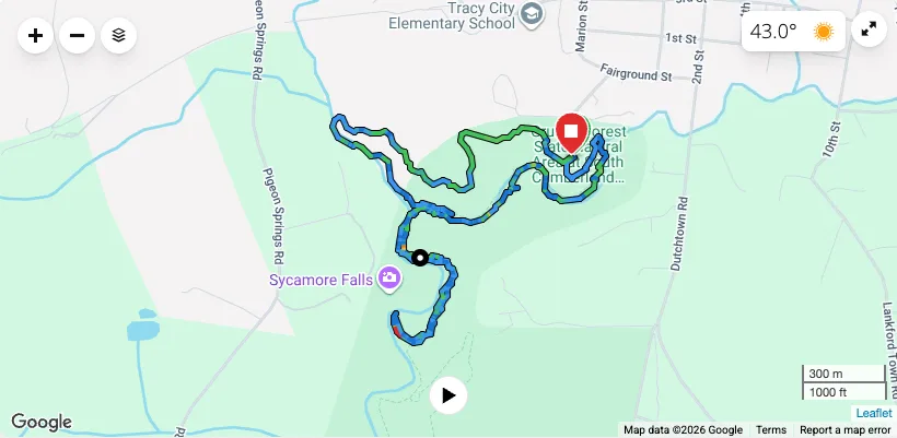 GPS track of our hike from the Fiery Gizzard north trailhead in Grundy Forest near Tracy City, a clockwise loop with a side trip out to Sycamore Falls and back