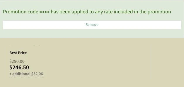 Comal Inn's booking page showing the promotion code applied, with a $290 rate crossed out and $246.50 shown