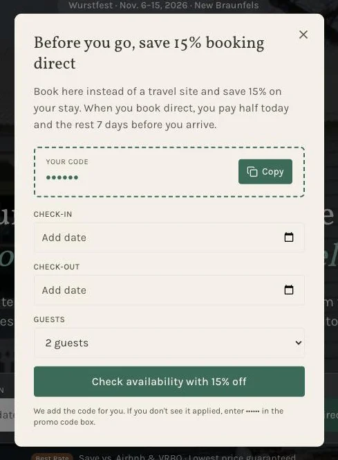 Comal Inn's leaving-the-site offer: save 15% booking direct, pay half today and the rest 7 days before arrival, with the code and a date search to check availability