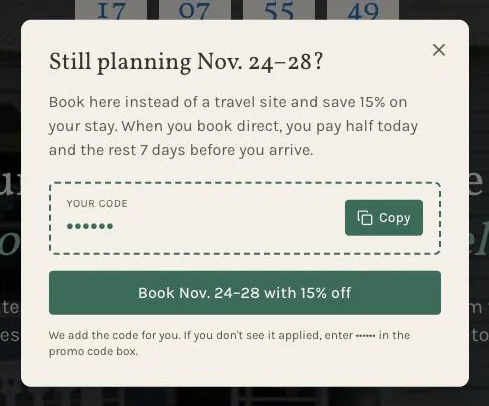 Comal Inn's return-visitor offer: Still planning Nov. 24–28? with the code and a button to book those dates with 15% off