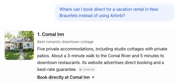 ChatGPT answering 'Where can I book direct for a vacation rental in New Braunfels instead of using Airbnb?' with Comal Inn as its number one pick, noting its website offers direct booking and a best-rate guarantee