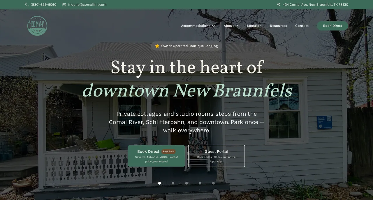 The Comal Inn homepage on a computer: Stay in the heart of downtown New Braunfels, with a Book Direct button over a photo of the cottage porch